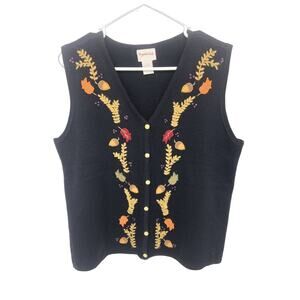 Crystal Kobe Black Floral Embroidered Sweater Vest Size L